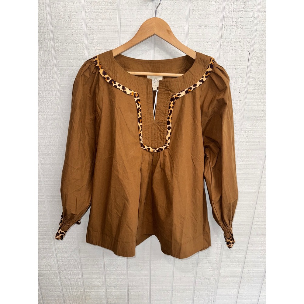 Umgee Tunic Blouse Women XL Brown Leopard Trim Split Neck Long Sleeve NEW